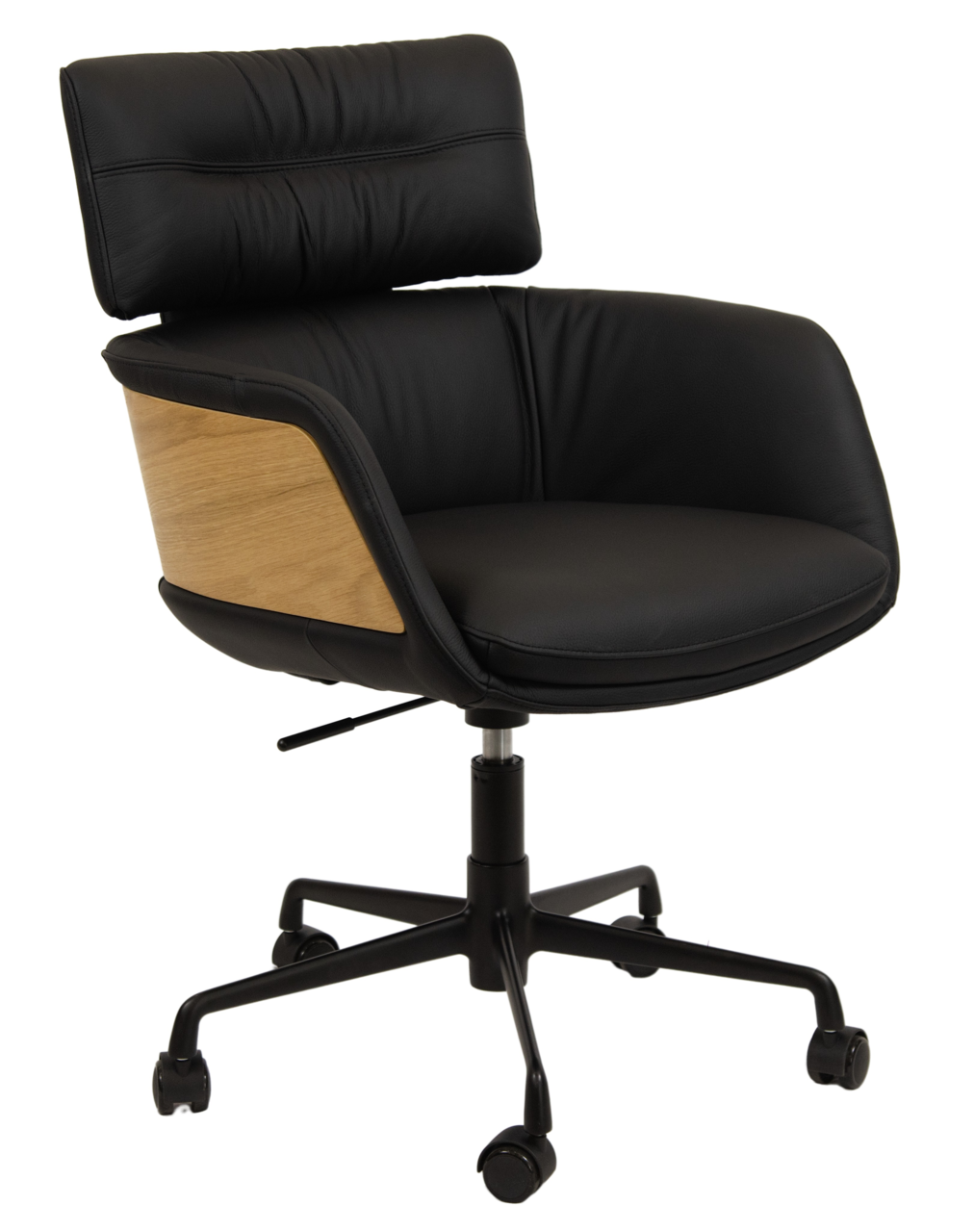 Dieter Knoll Drehstuhl PABLO Moderner Drehstuhl mit schwarzem Lederbezug und Holzdetails, seitliche Perspektive