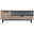 Frontale Ansicht eines modernen TV-Lowboards mit Holzlamellen-Design und Glasfach.