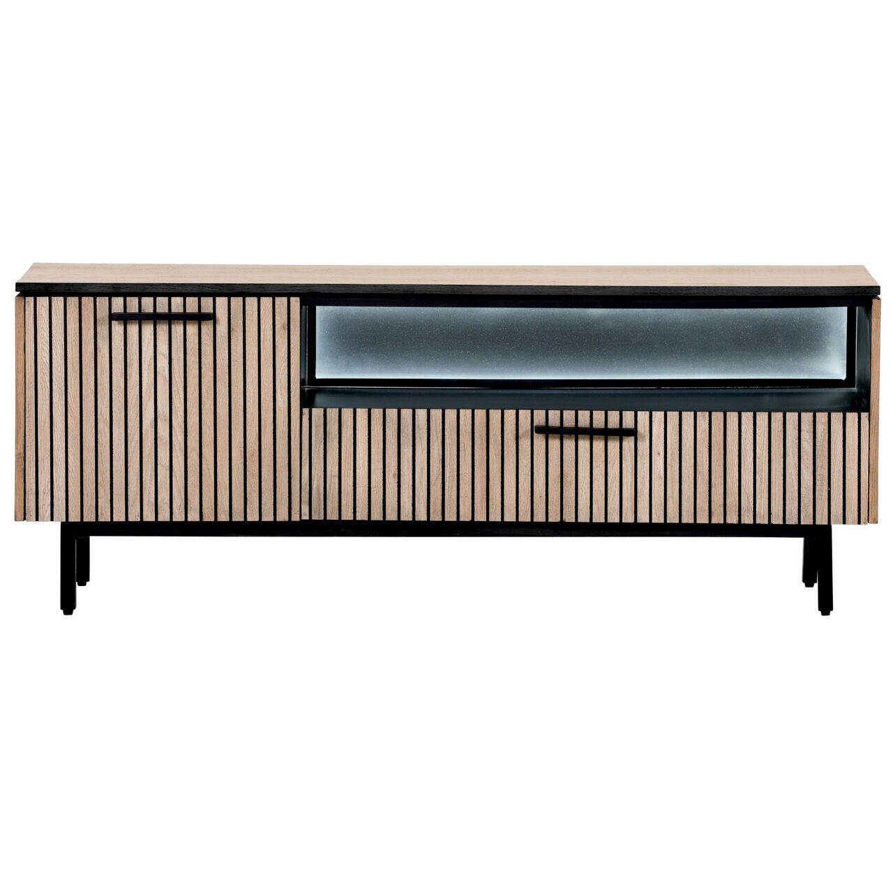 Vooraanzicht van een modern tv-lowboard met een ontwerp van houten lamellen en een glazen vak.