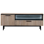 Vooraanzicht van een modern tv-lowboard met een ontwerp van houten lamellen en een glazen vak.