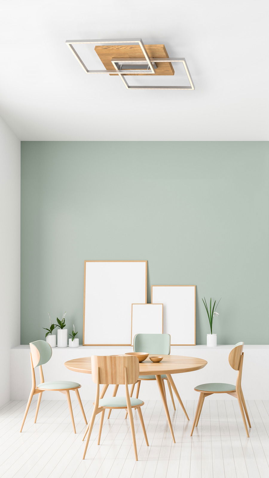 Moderne LED-Deckenleuchte mit geometrischem Design aus Holz und Metall, von unten betrachtet.