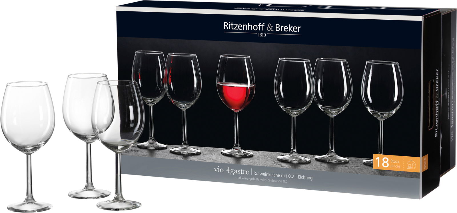 Rotweinset 18-teilig von Ritzenhoff & Breker, bestehend aus eleganten Weingläsern, präsentiert in einer stilvollen Verpackung. Frontale Perspektive auf das Produkt.