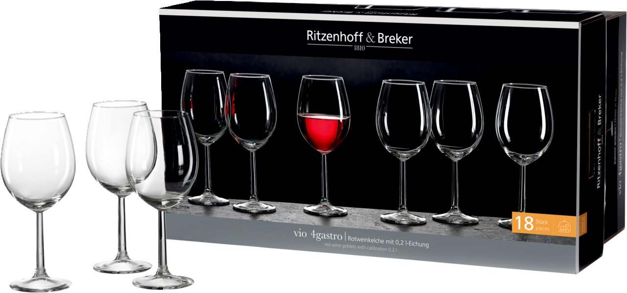 Rotweinset 18-teilig von Ritzenhoff & Breker, bestehend aus eleganten Weingläsern, präsentiert in einer stilvollen Verpackung. Frontale Perspektive auf das Produkt.