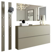 Modernes Garderobenset mit zwei vertikalen Paneelen mit Haken, einem großen rechteckigen Spiegel und einer zweischubligen Kommode in neutralen Farben, seitliche Perspektive.
