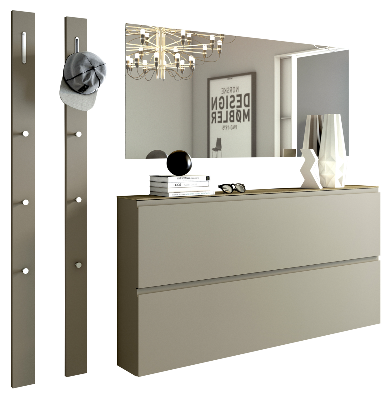 Modernes Garderobenset mit zwei vertikalen Paneelen mit Haken, einem großen rechteckigen Spiegel und einer zweischubligen Kommode in neutralen Farben, seitliche Perspektive.