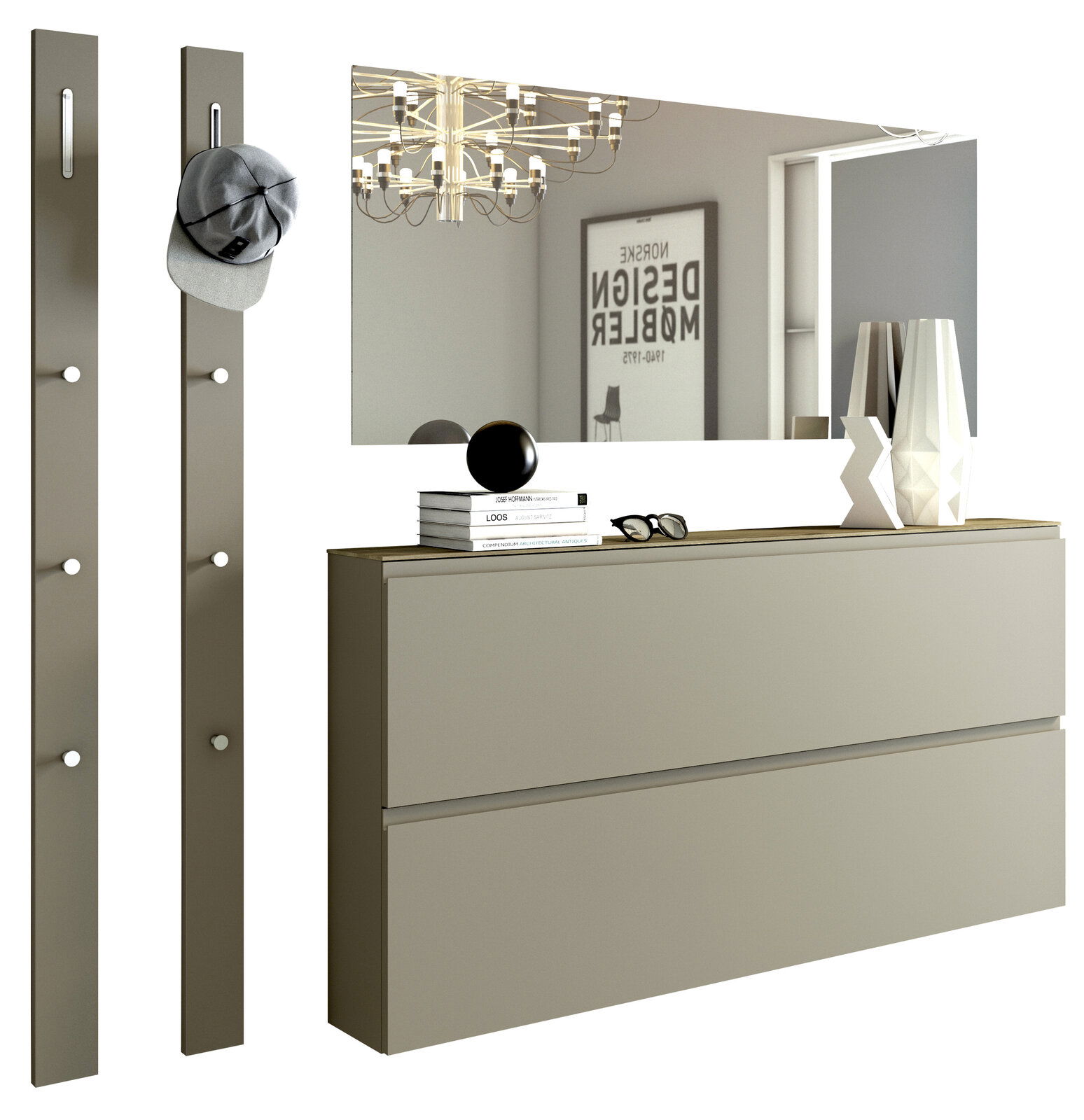 Moderano Garderobenset LECCO Modernes Garderobenset mit zwei vertikalen Paneelen mit Haken, einem großen rechteckigen Spiegel und einer zweischubligen Kommode in neutralen Farben, seitliche Perspektive.
