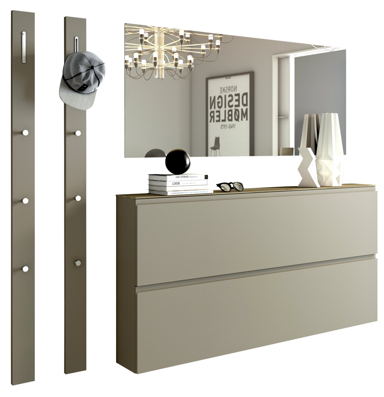 Modernes Garderobenset mit zwei vertikalen Paneelen mit Haken, einem großen rechteckigen Spiegel und einer zweischubligen Kommode in neutralen Farben, seitliche Perspektive.