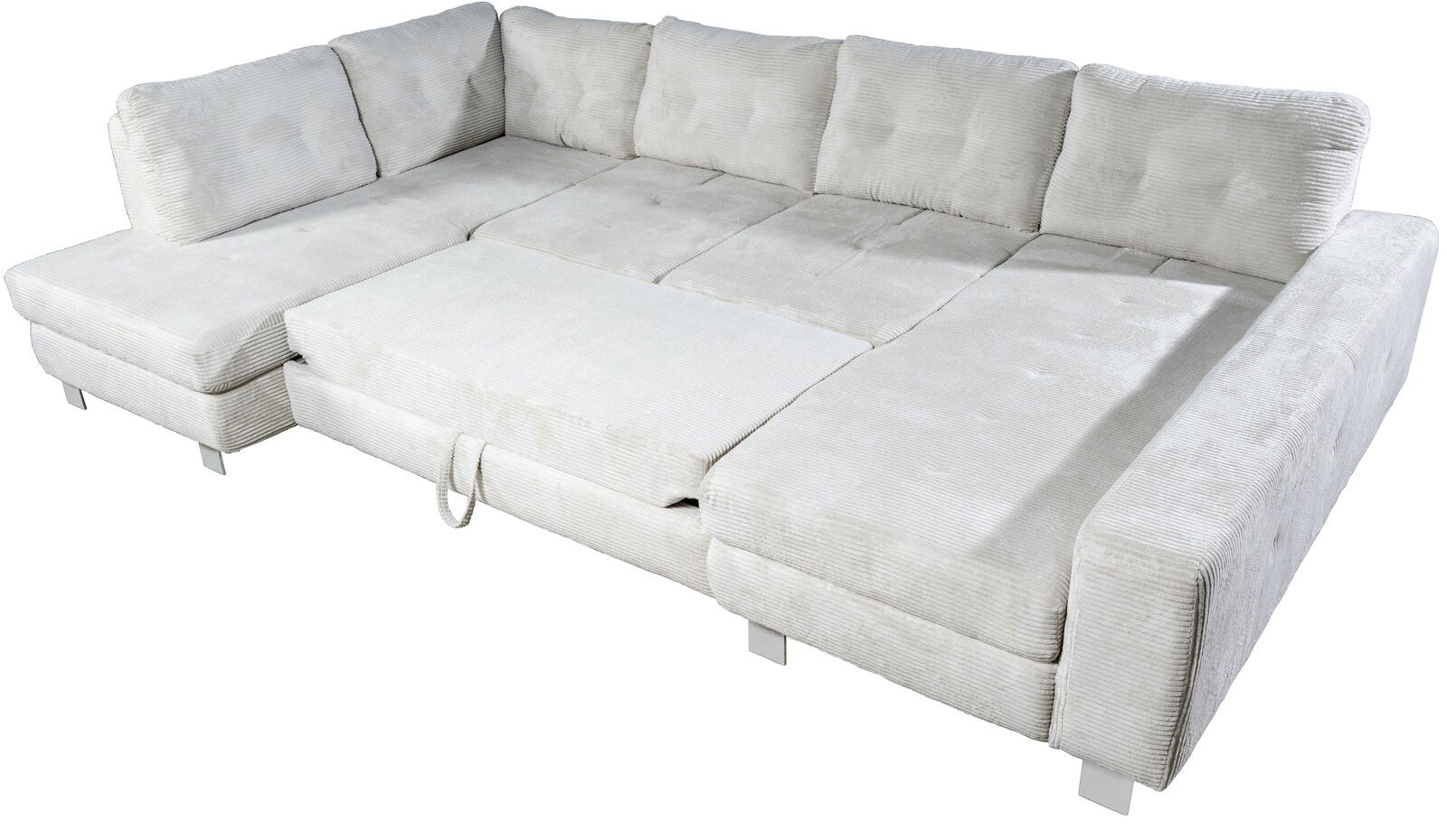 Großes, hellgraues Ecksofa in U-Form mit weichem Stoffbezug, von oben fotografiert.