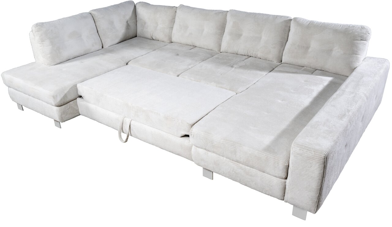 Großes, hellgraues Ecksofa in U-Form mit weichem Stoffbezug, von oben fotografiert.