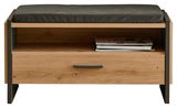 Sitzbank aus Holz mit schwarzem Polster, Schublade und Ablagefach, Frontalansicht