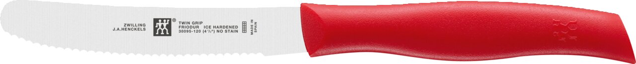 Rotes Messer mit Wellenschliffklinge, seitliche Ansicht