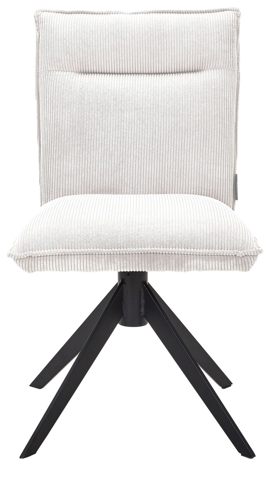 Moderner Stuhl mit hellgrauem, geripptem Stoffbezug und schwarzem Metallgestell, Frontalansicht.