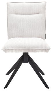 Moderner Stuhl mit hellgrauem, geripptem Stoffbezug und schwarzem Metallgestell, Frontalansicht.