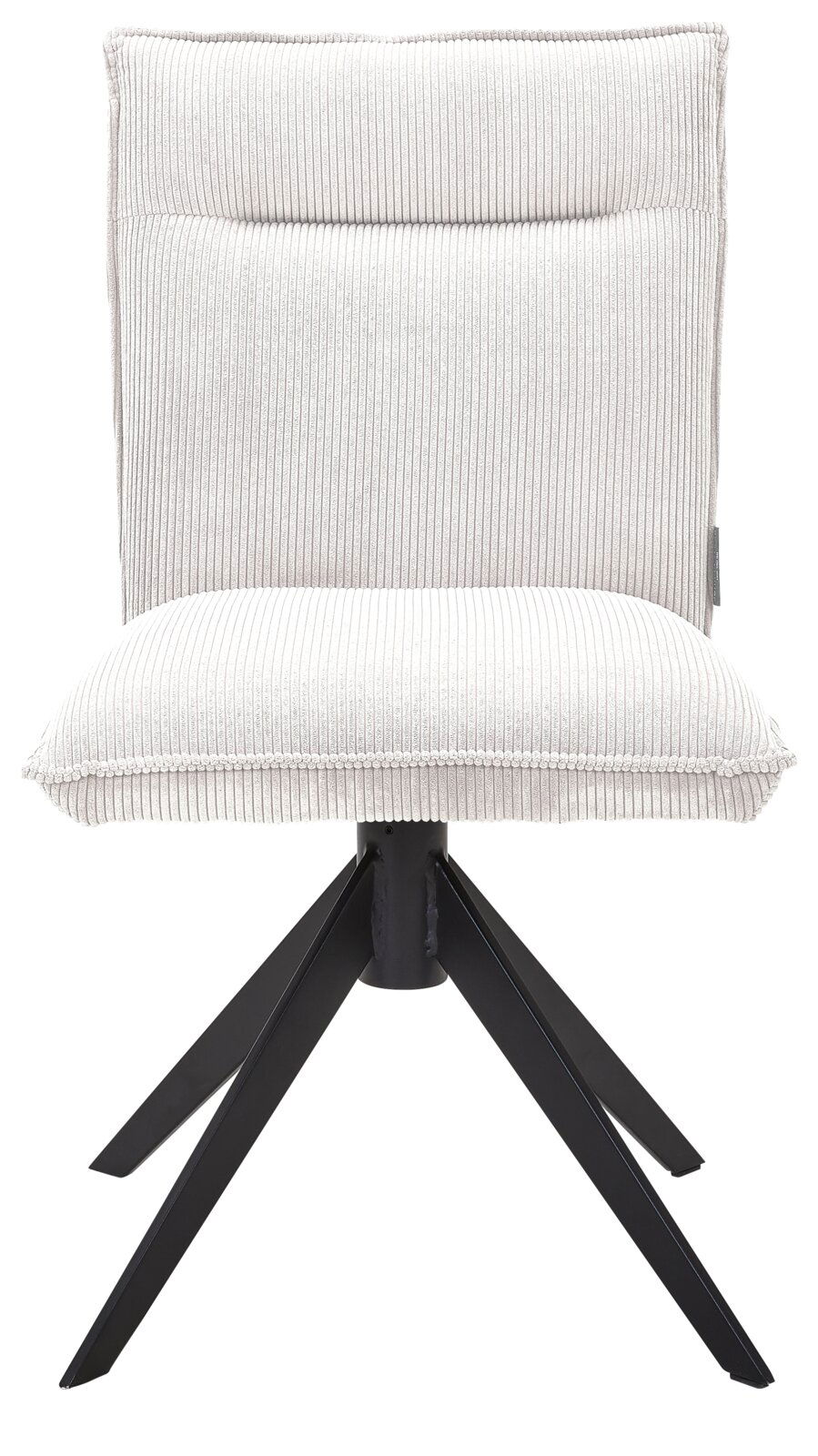 Moderner Stuhl mit hellgrauem, geripptem Stoffbezug und schwarzem Metallgestell, Frontalansicht.