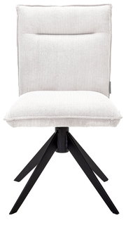 Moderner Stuhl mit hellgrauem, geripptem Stoffbezug und schwarzem Metallgestell, Frontalansicht.