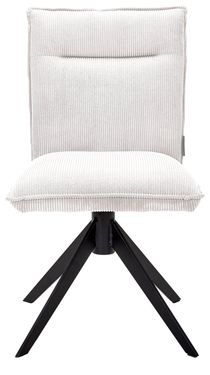 Moderner Stuhl mit hellgrauem, geripptem Stoffbezug und schwarzem Metallgestell, Frontalansicht.