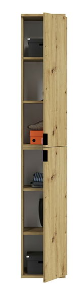 Holzschrank mit geöffneter Tür, zeigt mehrere Regalböden mit Aufbewahrungsboxen und Kleidung, Frontalansicht