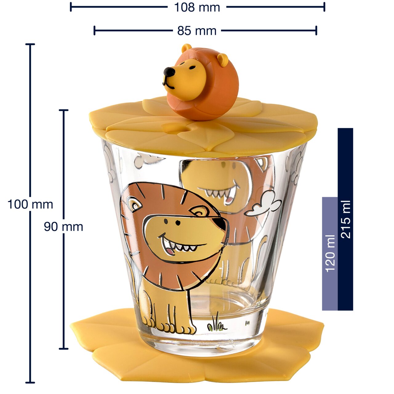 Kindertrinkset mit Löwenmotiv, bestehend aus einem Glas mit Deckel und Untersetzer, seitliche Ansicht