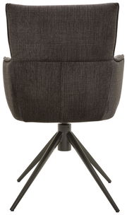 Rückansicht eines Armlehnstuhls mit dunklem Stoffbezug und Metallbeinen