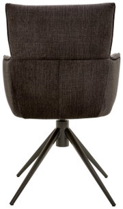 Achterkant van een fauteuil met donkere stoffen bekleding en metalen poten