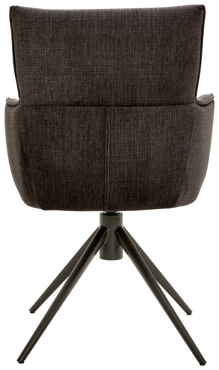 Achterkant van een fauteuil met donkere stoffen bekleding en metalen poten