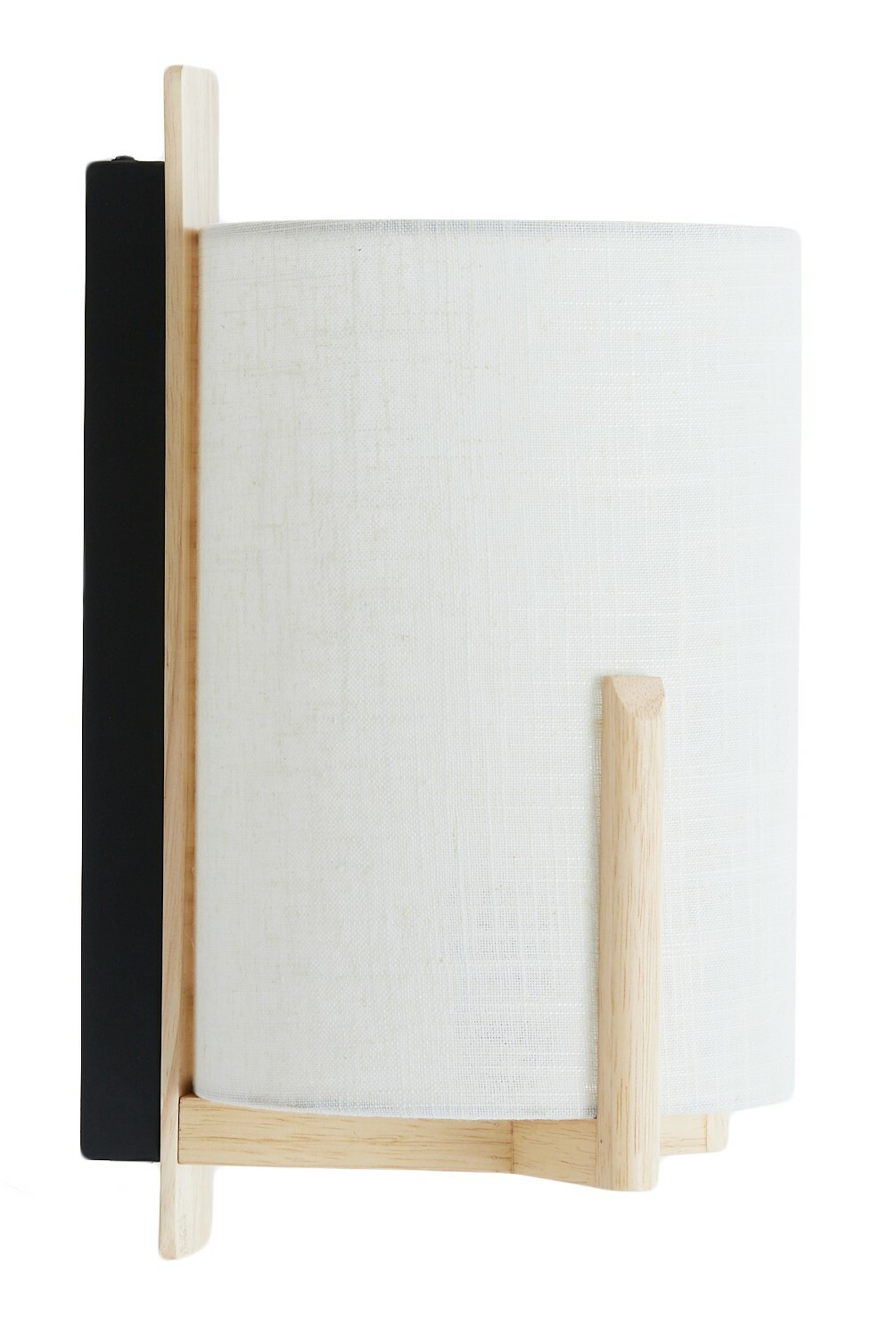 Moderne Wandleuchte mit weißem Stoffschirm und Holzdetails, seitliche Perspektive