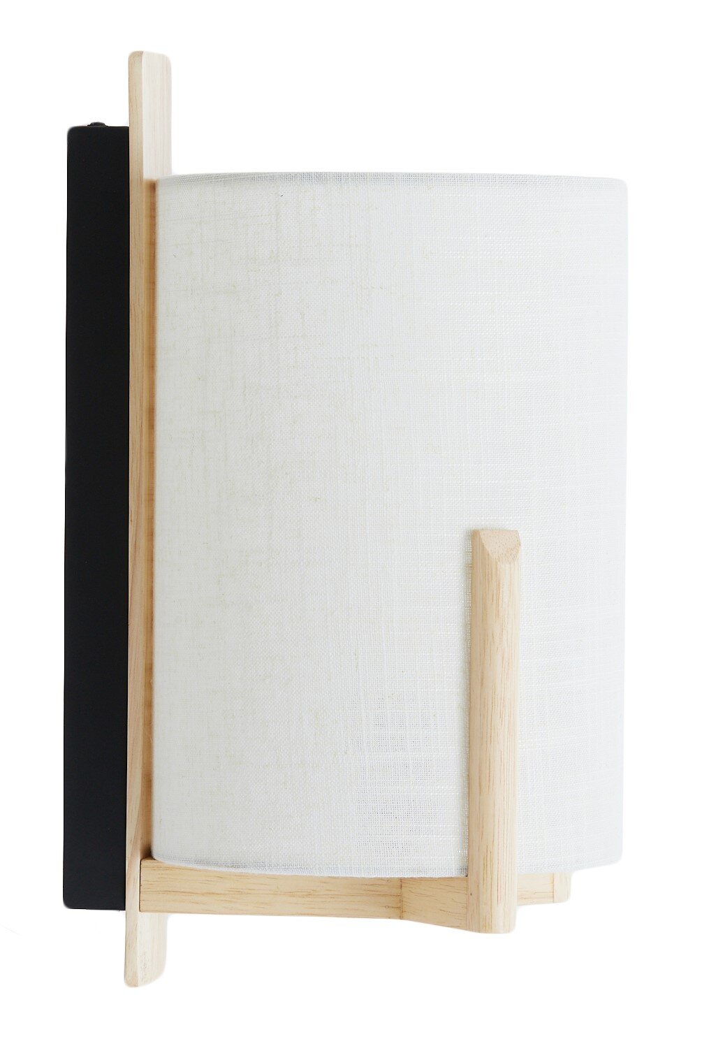 Moderne wandlamp met witte stoffen kap en houten details, zijaanzicht
