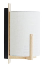Moderne wandlamp met witte stoffen kap en houten details, zijaanzicht