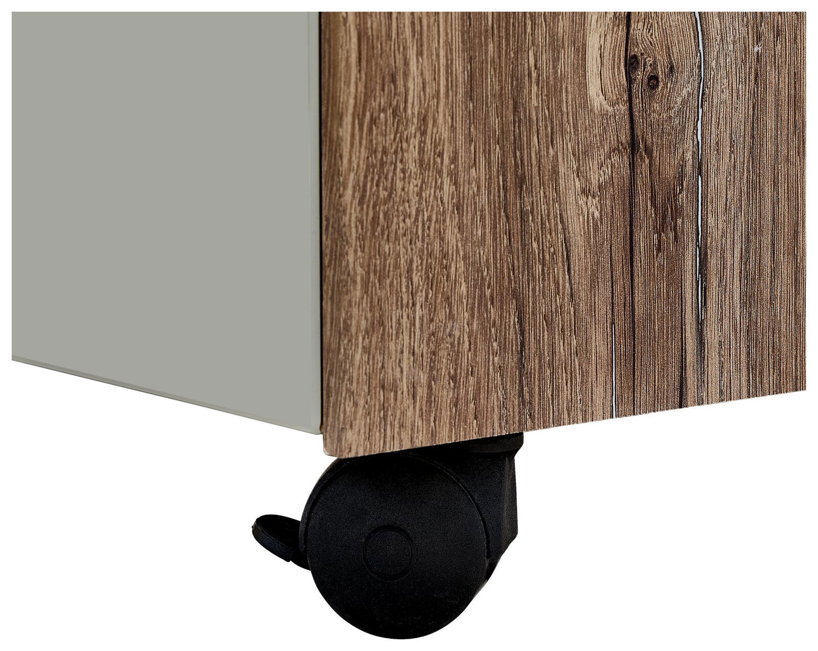 Nahaufnahme eines Rollcontainers mit Holzoptik und schwarzem Rad, seitliche Perspektive