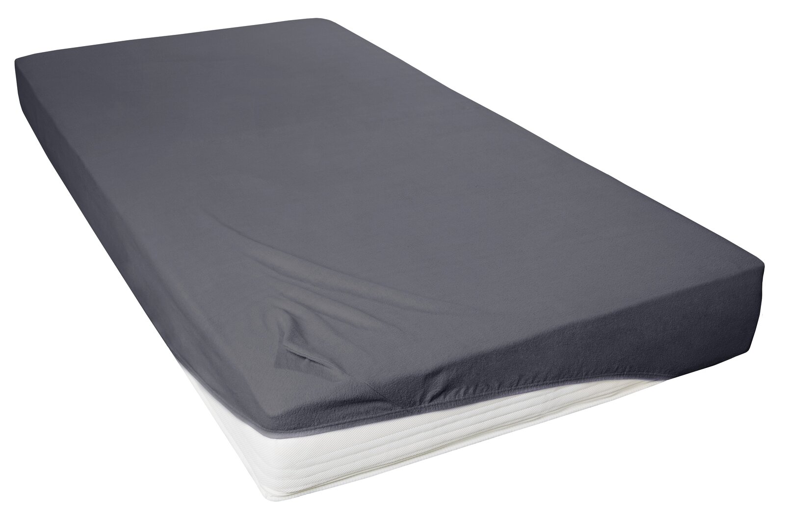 Novel Spannbetttuch TEDDY-FLAUSCH Graues Spannbetttuch auf einer Matratze, seitliche Perspektive