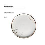 Runder Speiseteller in Cremeweiß mit braunem Rand und Sprenkel-Optik, Durchmesser 22,5 cm, im Set mit 4 Stück, Draufsicht von oben auf weißem Hintergrund.