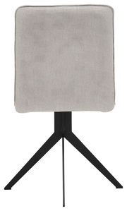 Rückansicht eines modernen Stuhls mit grauem Stoffbezug und schwarzem Metallgestell.