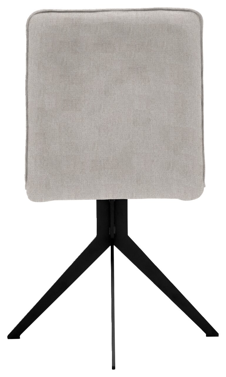 Rückansicht eines modernen Stuhls mit grauem Stoffbezug und schwarzem Metallgestell.