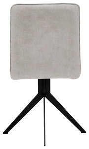 Rückansicht eines modernen Stuhls mit grauem Stoffbezug und schwarzem Metallgestell.