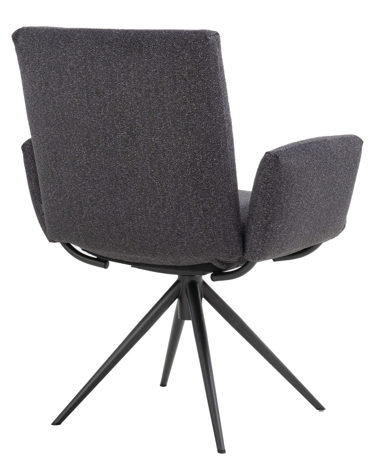 Rückansicht eines modernen Armlehnstuhls mit schwarzem Stoffbezug und vier schwarzen Metallbeinen.