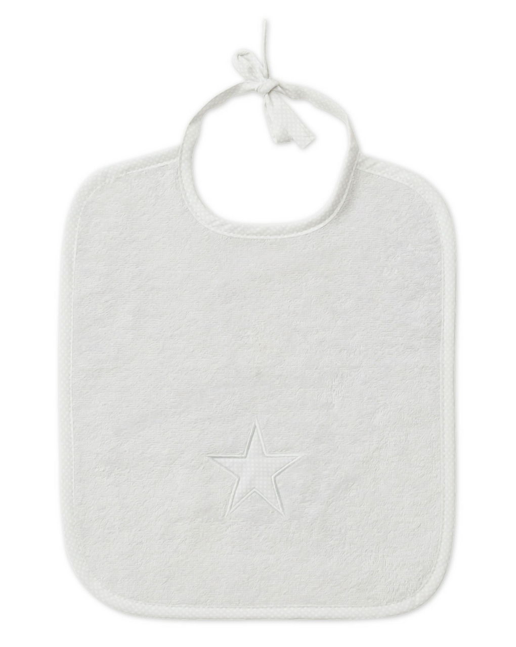 Weiße Baby-Lätzchen mit Sternmotiv, von oben fotografiert.