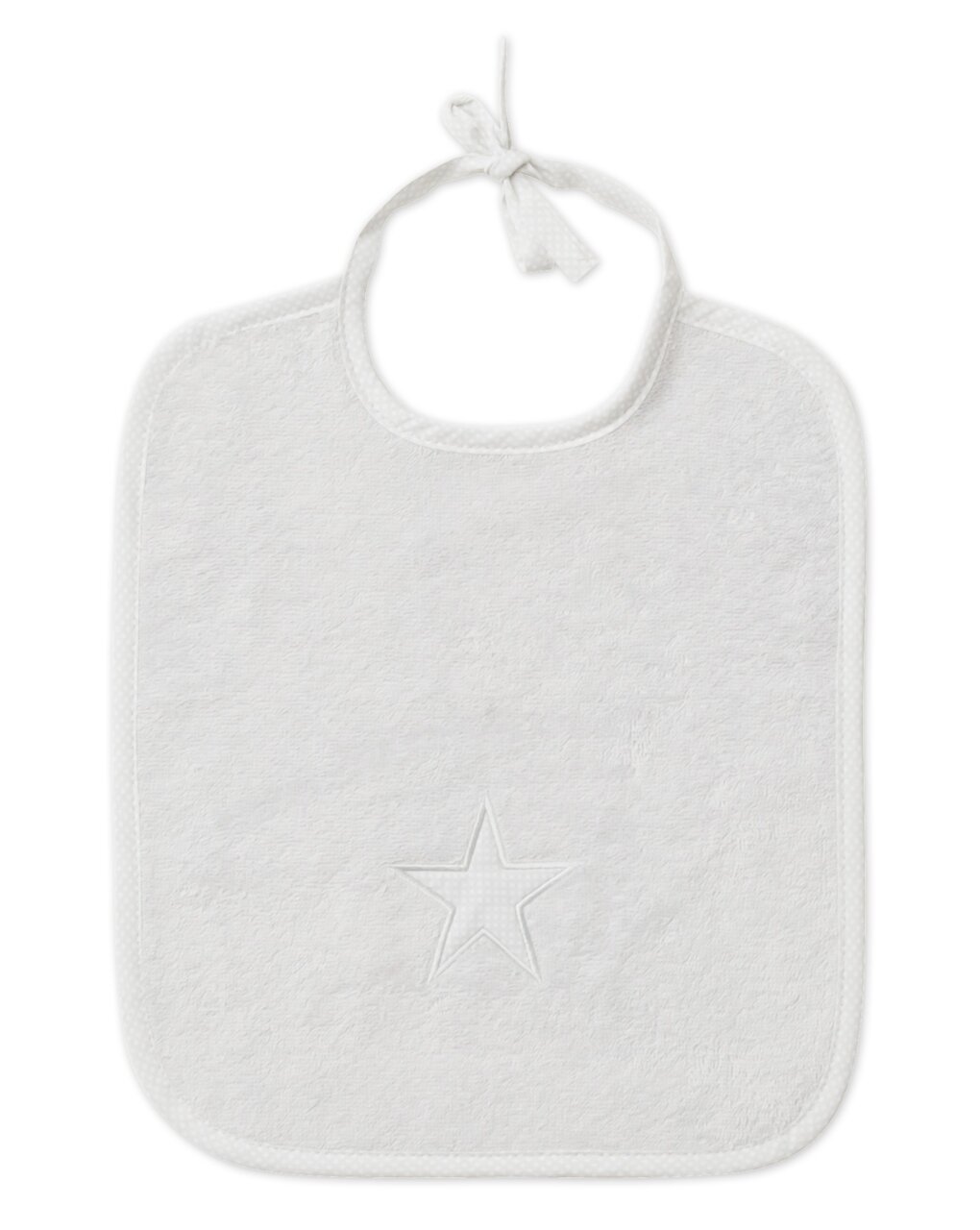 Witte slabbetjes voor baby's met sterrenmotief, van bovenaf gefotografeerd.