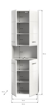Hochschrank in weißer Hochglanzoptik mit mehreren Fächern und Türen, frontal betrachtet.