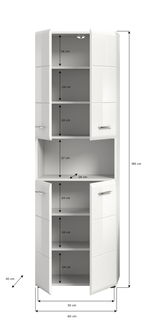 Hochschrank in weißer Hochglanzoptik mit mehreren Fächern und Türen, frontal betrachtet.