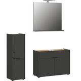 Modernes Bad Set in dunklem Design, bestehend aus einem hohen Schrank, einem Waschtischunterschrank und einem großen Spiegel mit Beleuchtung, frontal abgebildet.