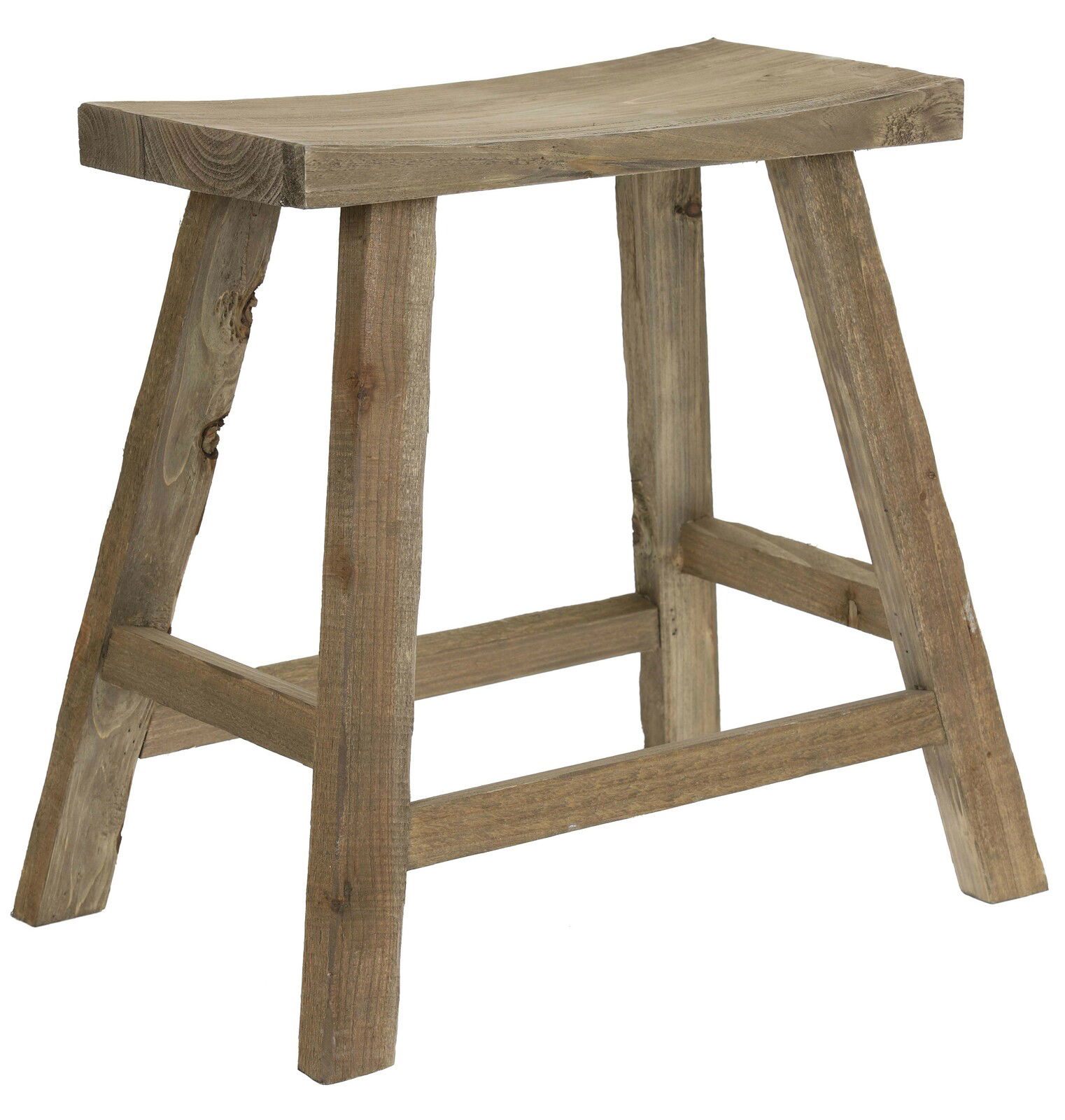 Rustikaler Holz-Hocker aus hellem Holz, seitliche Perspektive