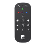 ZIGBEE Fernbedienung CONNECT Z, schwarze Fernbedienung mit farbigen Tasten und Symbolen, Vorderansicht
