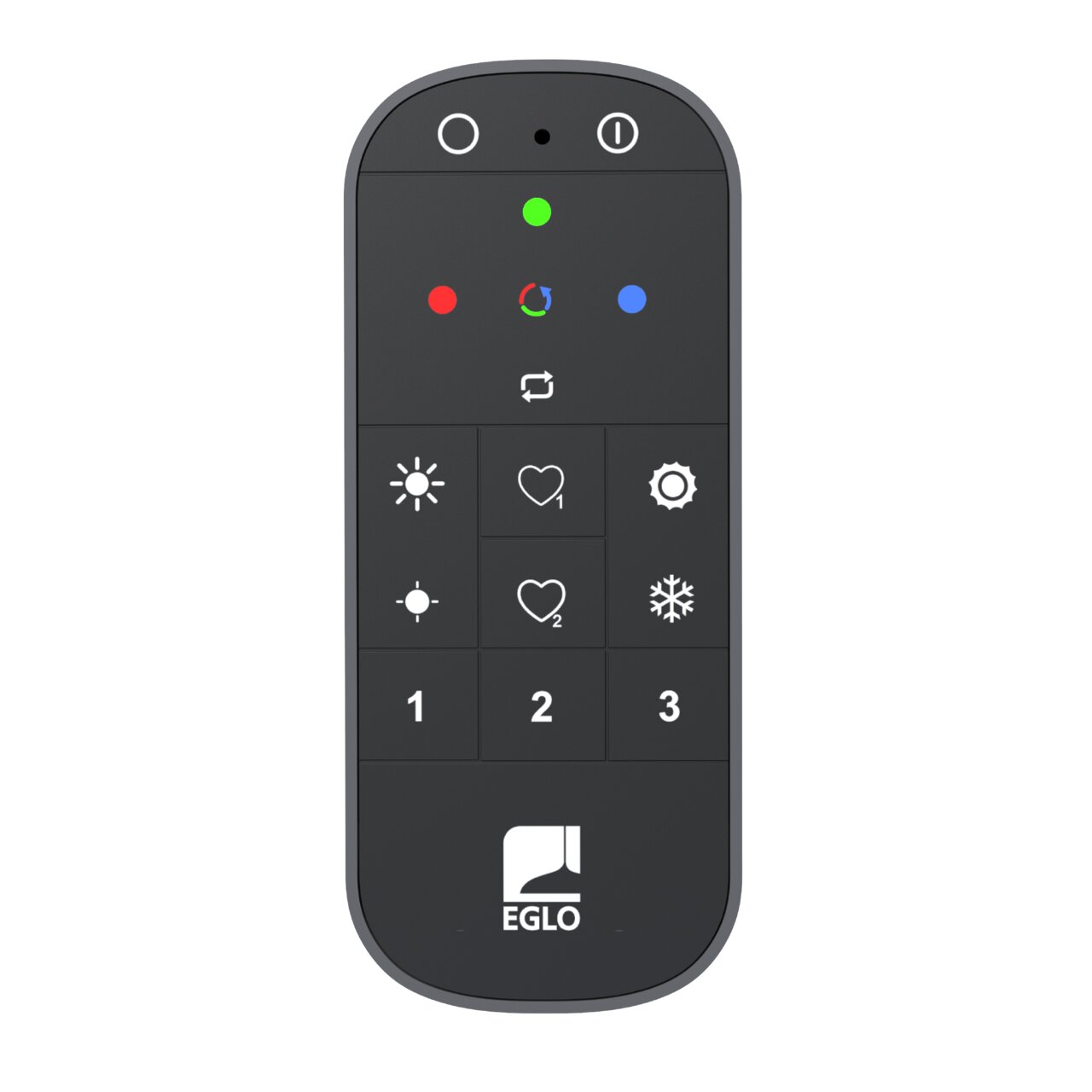 ZIGBEE Fernbedienung CONNECT Z, schwarze Fernbedienung mit farbigen Tasten und Symbolen, Vorderansicht