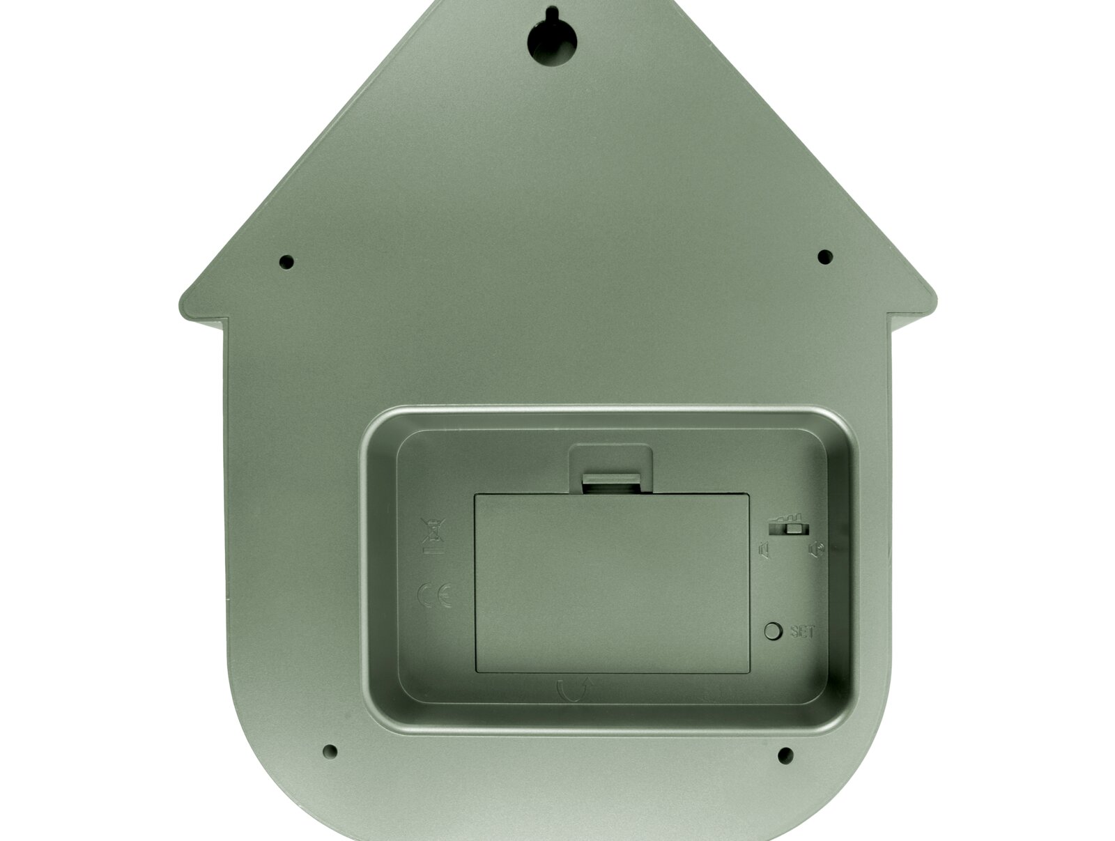 Rückansicht einer grünen Wanduhr in Form eines Hauses mit Batteriefach und Aufhängung.