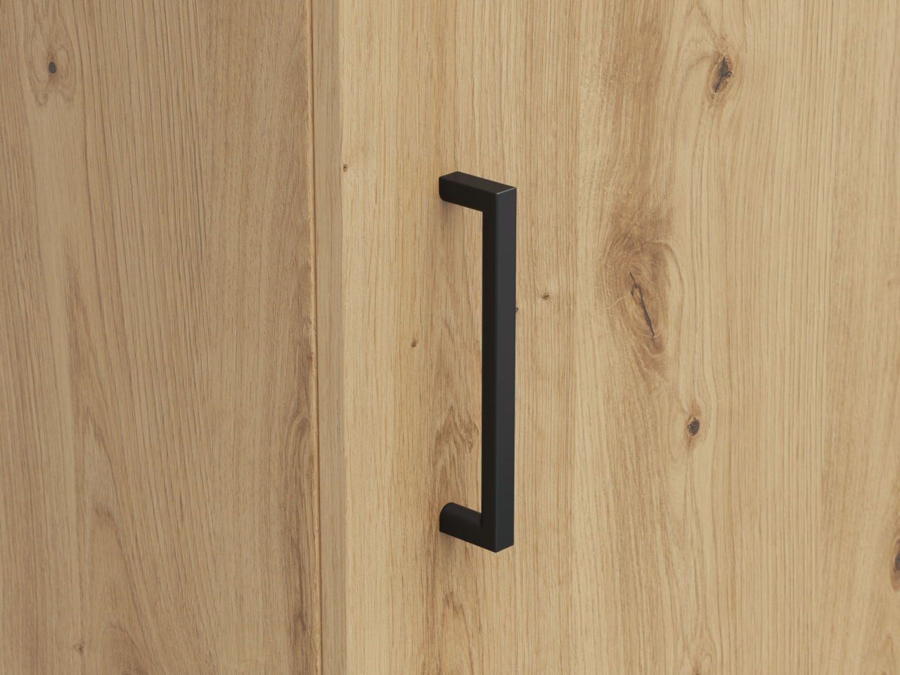 Carryhome Kommode MULTISTAURAUM Nahaufnahme einer Holzkommode mit schwarzem Griff, seitliche Perspektive