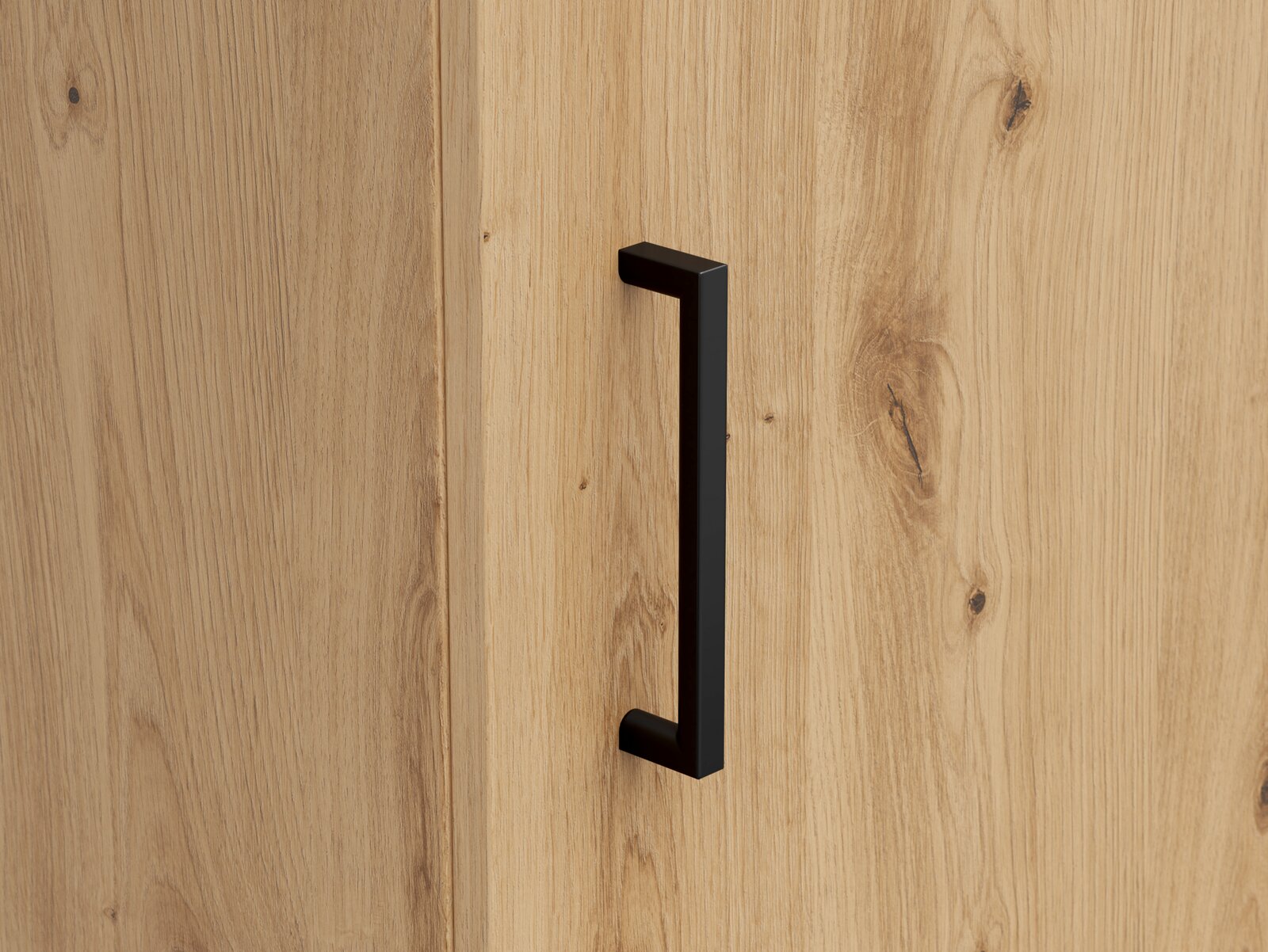 Carryhome Kommode MULTISTAURAUM Nahaufnahme einer Holzkommode mit schwarzem Griff, seitliche Perspektive