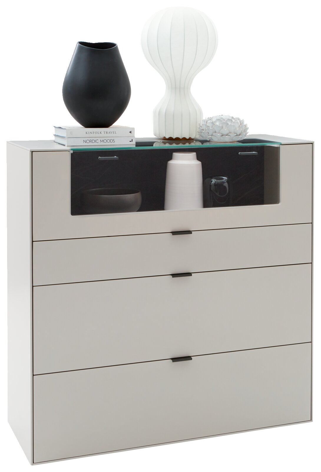 Modernes Highboard mit vier Schubladen, dekoriert mit Vasen und Büchern, seitliche Perspektive