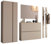 Garderobenset in Beige mit Schrank, Spiegel, Kommode und Wandhaken, seitliche Perspektive