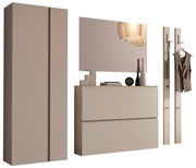 Garderobenset in Beige mit Schrank, Spiegel, Kommode und Wandhaken, seitliche Perspektive