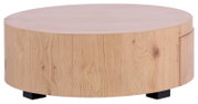 Runder Couchtisch aus hellem Holz mit natürlicher Maserung, seitliche Perspektive